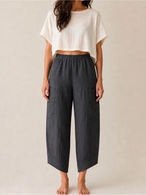 Black Linen Charcoal Utility Cargo Cropped Relaxed High-Waist Pants Medium Italy